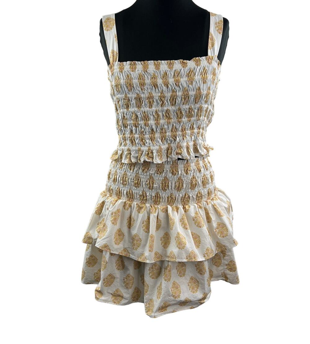 J Crew Smocked Tube Top / Skirt Floral Block Print White Gold Square Neck Sz L